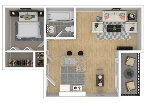Floor plan for 1 bed, 1 bath, 636 sqft
